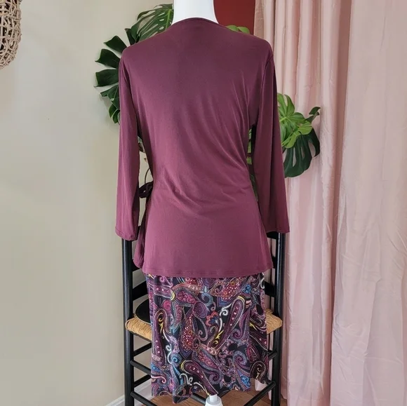 Jaclyn Smith Skirt Set Burgandy Wrap Top & Black Paisley Skirt Size Large EUC - Picture 3 of 15